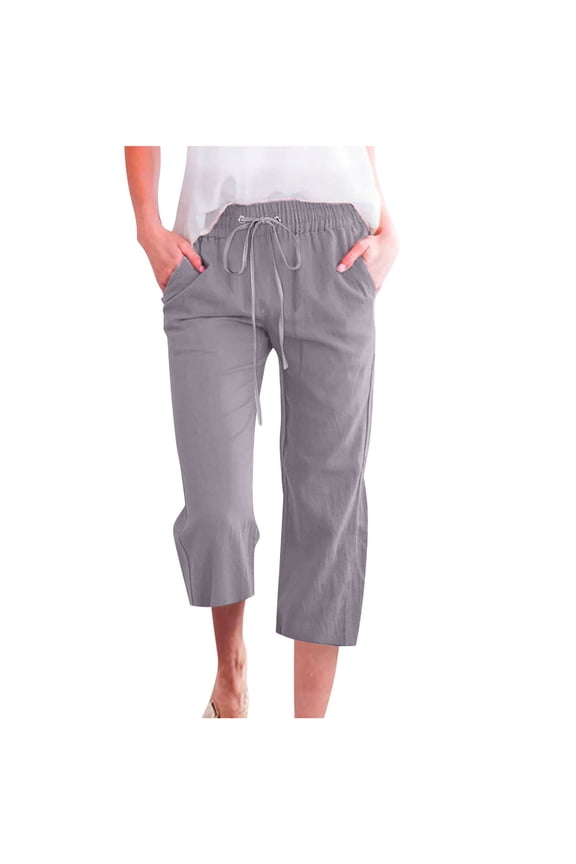 Capri Pants for Women Plus Size Cotton Linen High Waisted Capris Drawstring Baggy Lounge Cropped Trousers