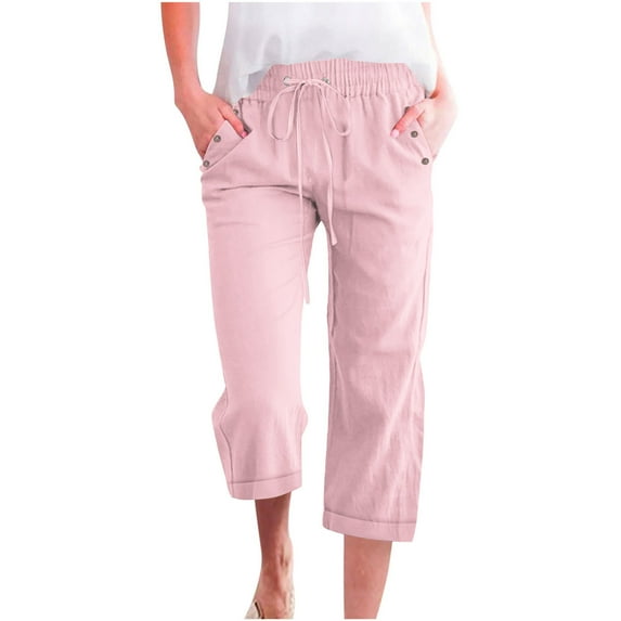 JIUKE Capris Pants for Women Cotton Linen Plus Size Pants Straight Leg Loose Drawstring Elastic Waist Cropped Trouser