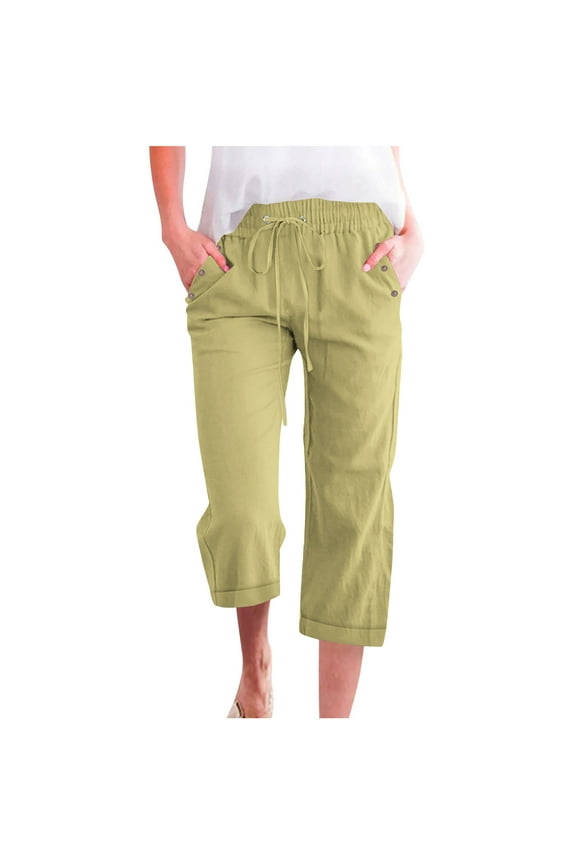 Capris Pants for Women Cotton Linen Plus Size Pants Straight Leg Loose Drawstring Elastic Waist Cropped Trouser