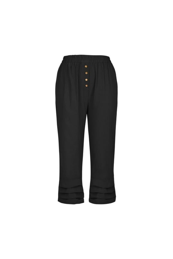 Cotton Linen Capri Pants for Women Dressy Casual Elastic Wasited Button Flared Crop Trousers