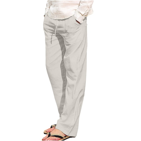 JIUKE Cotton Linen Pants for Men Casual Solid Color High Waist Straight Leg Baggy Comfy Lightweight Summer Trousers