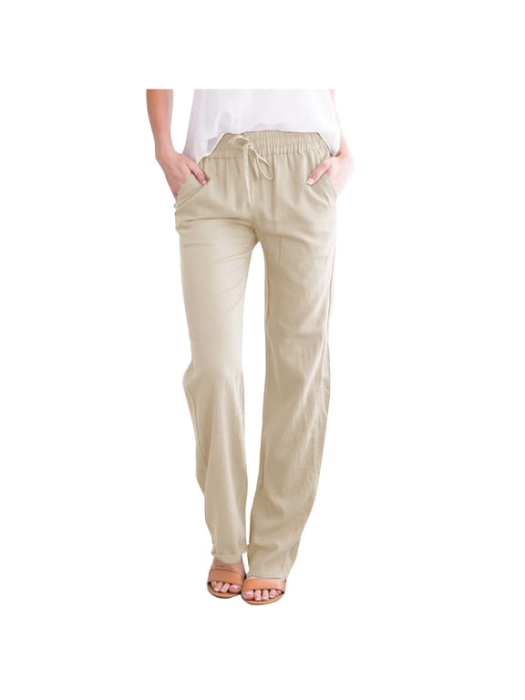 Cotton Linen Pants for Women Casual Summer High Waisted Drawstring Loose Fitted Pull-On Trousers with Pockets