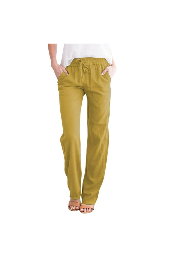 Cotton Linen Pants for Women Casual Summer High Waisted Drawstring Loose Fitted Pull-On Trousers with Pockets