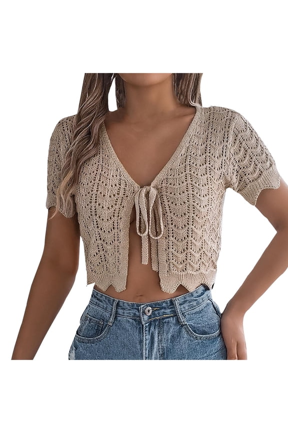 Crop Cardigans for Women Crochet Knit Short Sleeve Tops Lace-Up Open Front Solid Summer Sweater Cover UpS