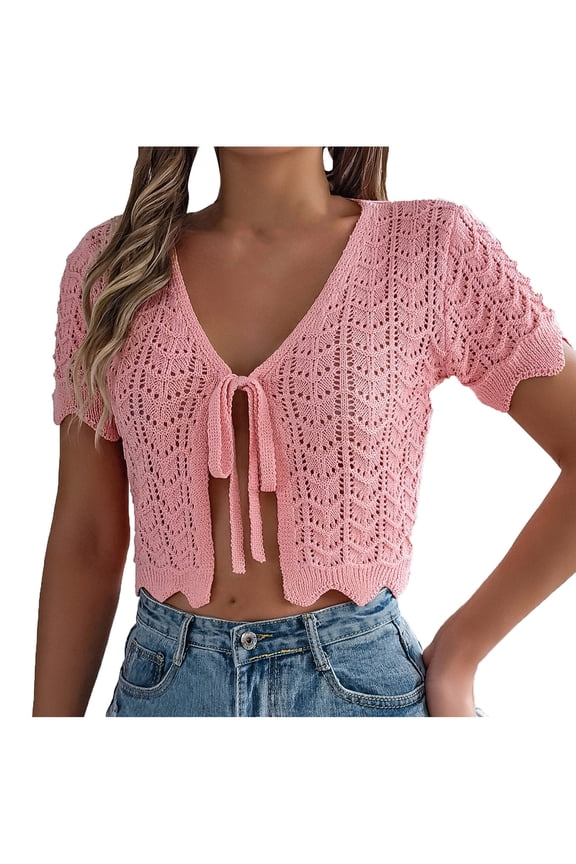 Crop Cardigans for Women Crochet Knit Short Sleeve Tops Lace-Up Open Front Solid Summer Sweater Cover UpS