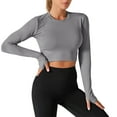 thumbnail image 1 of JIUKE Crop Tops for Women Crew Neck Long Sleeve Solid Color Thumb Buckle Slim Sports Sun Protection Cropped Top, 1 of 3