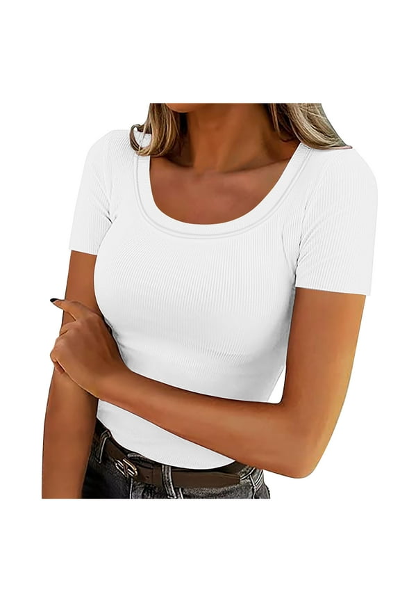 Crop Tops for Women Summer Trendy Ribbed Knit Tight Tshirts Short Sleeve Round Neck Going out Tops Size M