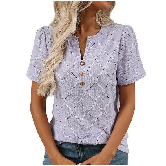 JIUKE Eyelet Summer Tops for Women Short Sleeve Business Casual Shirts Button V Neck Work Office Dressy Blouses