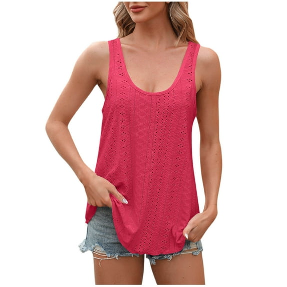 JIUKE Eyelet Tank Tops for Women Sleeveless Scoop Neck Loose Casual Summer Beach Vacation Tunic Tops Size S
