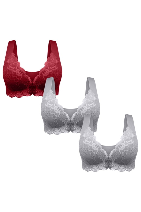 Front Closure Bras for Women Plus Size Wireless Bras Lace Full Coverage Comfy Push up Bras Pack of 3