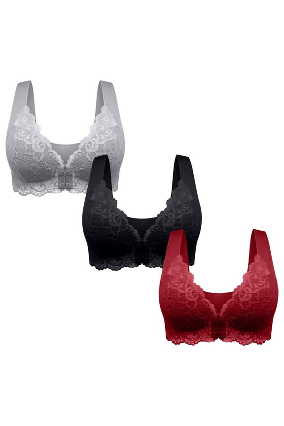 Front Closure Bras for Women Plus Size Wireless Bras Lace Full Coverage Comfy Push up Bras Pack of 3