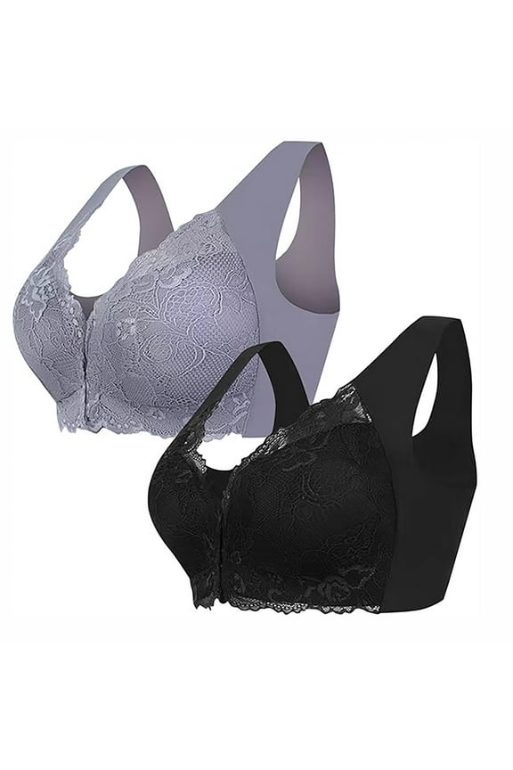 Front Closure Bras for Women Wireless Lace Full Coverage Bras Seniors Comfy Push up Everyday Bras 2 Pack