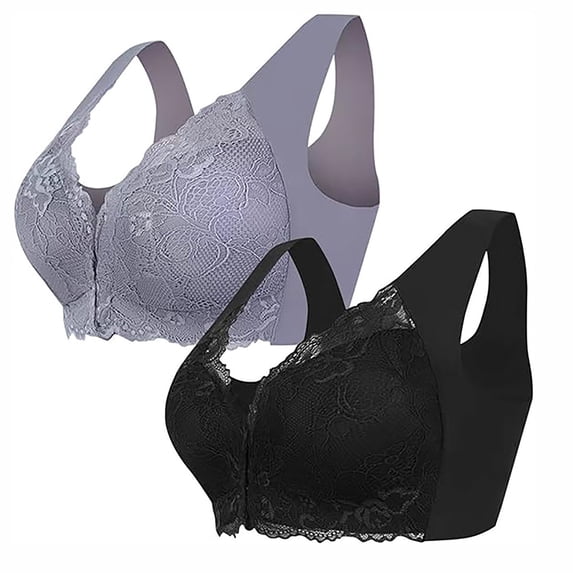 JIUKE Front Closure Bras for Women Wireless Lace Full Coverage Bras Seniors Comfy Push up Everyday Bras 2 Pack