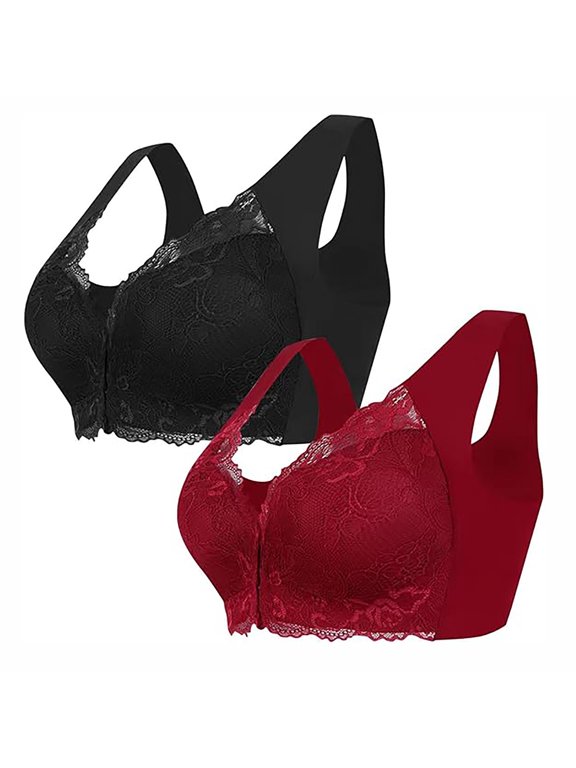 Front Closure Bras for Women Wireless Lace Full Coverage Bras Seniors Comfy Push up Everyday Bras 2 Pack