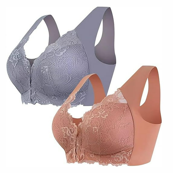 JIUKE Front Closure Bras for Women Wireless Lace Full Coverage Bras Seniors Comfy Push up Everyday Bras 2 Pack