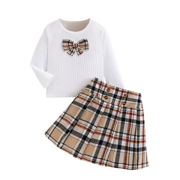 JIUKE Girl Skirt Sets 2 Piece Long Sleeve Shirts Plaid Pleated Skirts Dressy Casual Cute Spring Fashion Sets