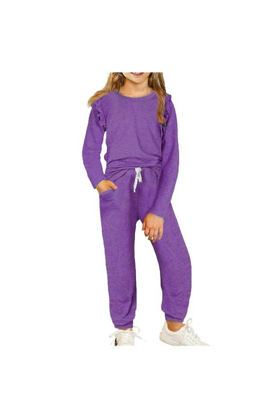 Girls Fall Outfits 2 Piece Ruffle Long Sleeve Tops Drawstring Sweatpants Sweatsuit Tracksuit Set