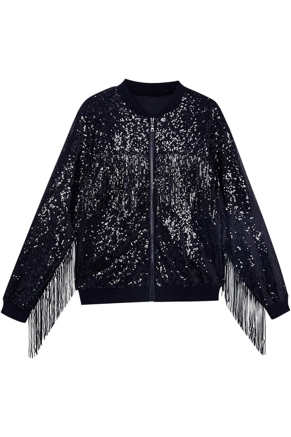 Girls Sequin Jackets Spring Summer Long Sleeve Shirts Full Zipper Sparkly Solid Color Tassel Tops