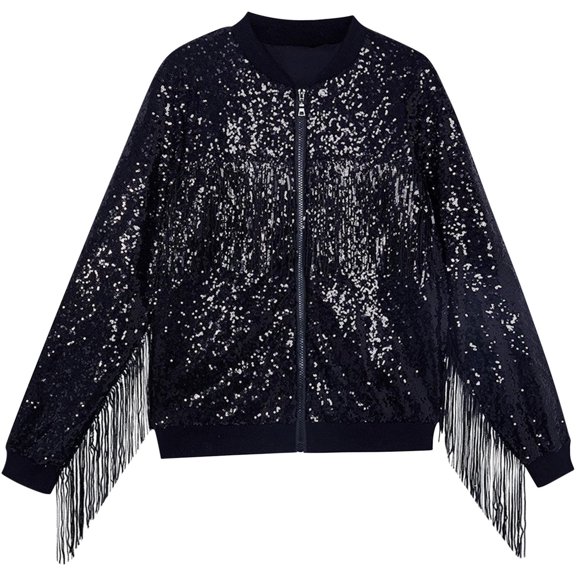 JIUKE Girls Sequin Jackets Spring Summer Long Sleeve Shirts Full Zipper Sparkly Solid Color Tassel Tops