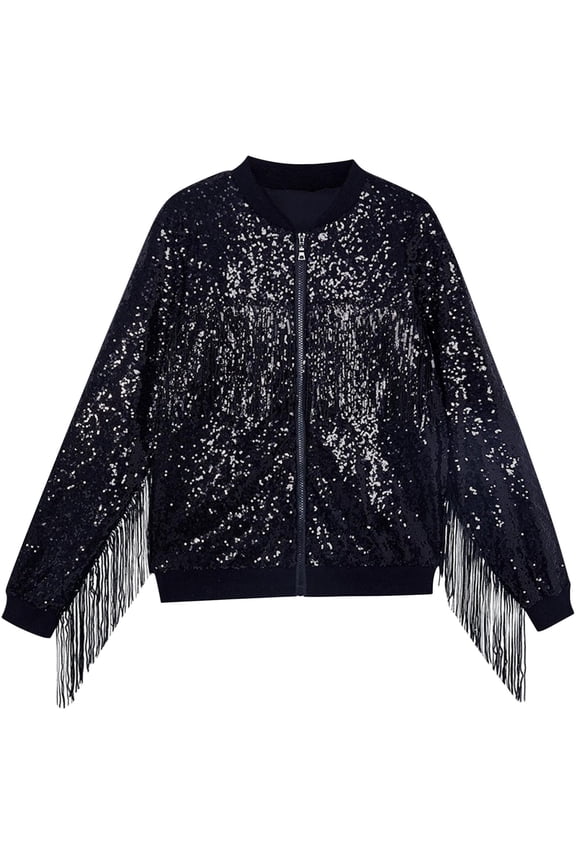 Girls Sequin Jackets Spring Summer Long Sleeve Shirts Full Zipper Sparkly Solid Color Tassel Tops
