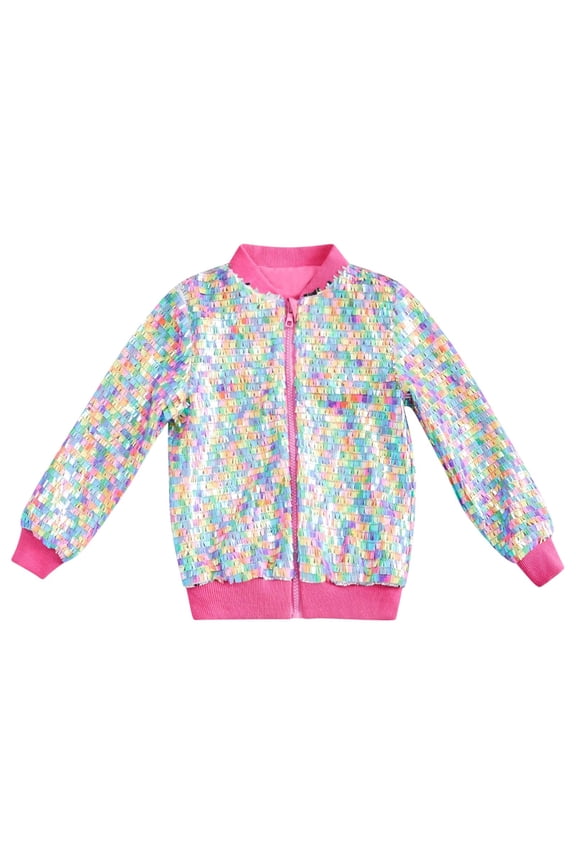 Girls Sequin Zipper Jacket with Pockets Lightweight Long Sleeve Coat Toddler Glitter Spring Clothes