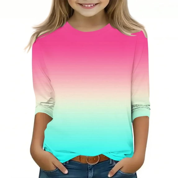 JIUKE Girls Shirts 3/4 Sleeve Gradient Color Spring Summer Loose Casual Cute Crew Neck Tunic Tops