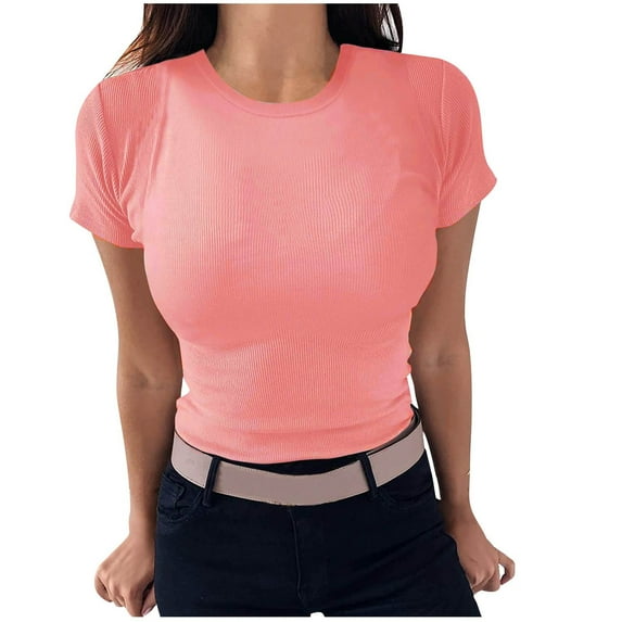 JIUKE Going out Tops for Women Short Sleeve Crew Neck Ribbed Knit Top Solid Color Slim Fitted Basic Crop Top
