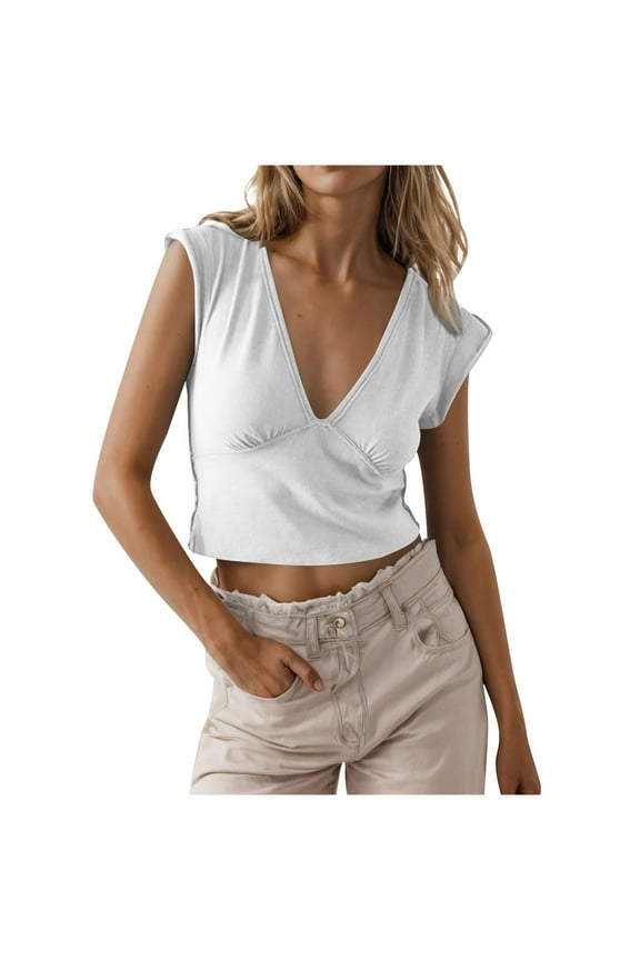 Going out Tops for Women Cap Sleeve Low Cut Shirts Deep V Neck Crop Top Slim Fitted Basic Summer Tees