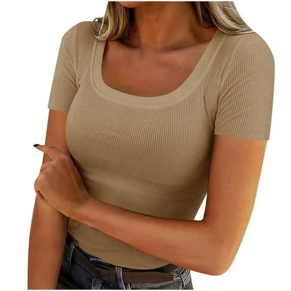 JIUKE Going out Tops for Women Ribbed Knit Fitted Tight T-Shirt Short Sleeve Basic Solid Stretchy Summer Top