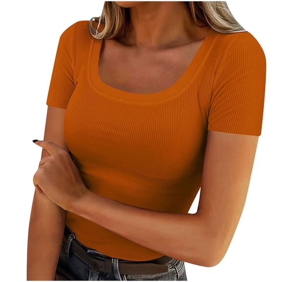 JIUKE Going out Tops for Women Ribbed Knit Fitted Tight T-Shirt Short Sleeve Basic Solid Stretchy Summer Top