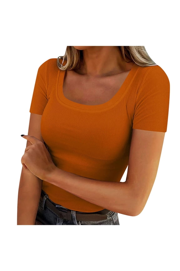 Going out Tops for Women Ribbed Knit Fitted Tight T-Shirt Short Sleeve Basic Solid Stretchy Summer Top