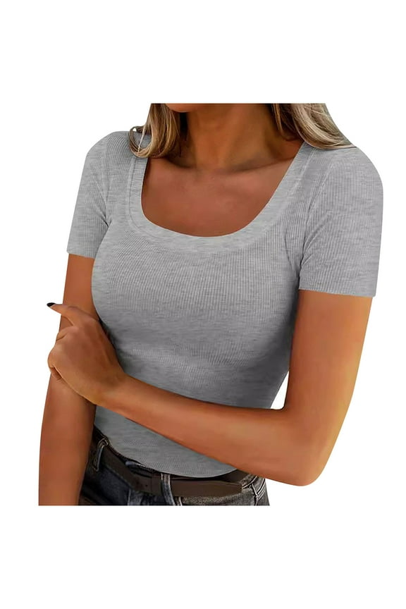Going out Tops for Women Ribbed Knit Fitted Tight T-Shirt Short Sleeve Basic Solid Stretchy Summer Top