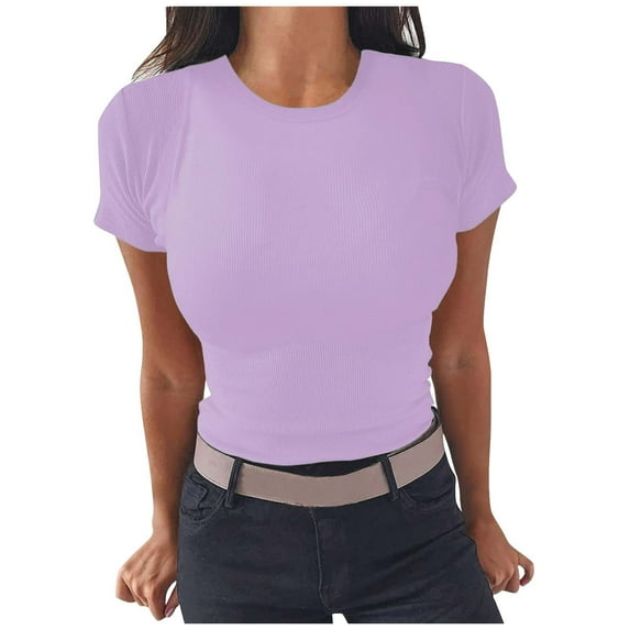 JIUKE Going out Tops for Women Short Sleeve Crew Neck Ribbed Knit Top Solid Color Slim Fitted Basic Crop Top