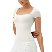 JIUKE Going out Tops for Women Short Sleeve Square Neck T Shirts Stretchy Slim Fitted Basic Crop Tees