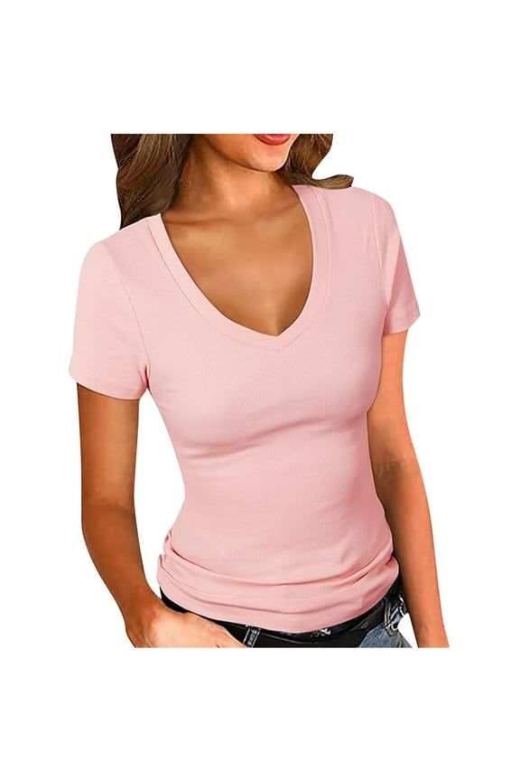 Going out Tops for Women Short Sleeve V Neck T Shirts Solid Color Slim Fitted Tight Tees Size L