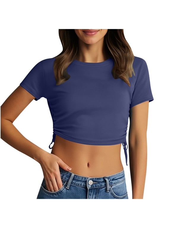 Going out Tops for Women Slim Fitted Short Sleeve Crop Tees Basic Tight Crew Neck T Shirts Size M