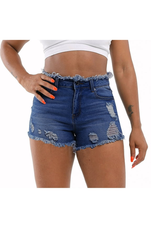 Jean Shorts Womens Casual High Waited Stretchy Ripped Shorts Juniors Vintage Frayed Denim Shorts