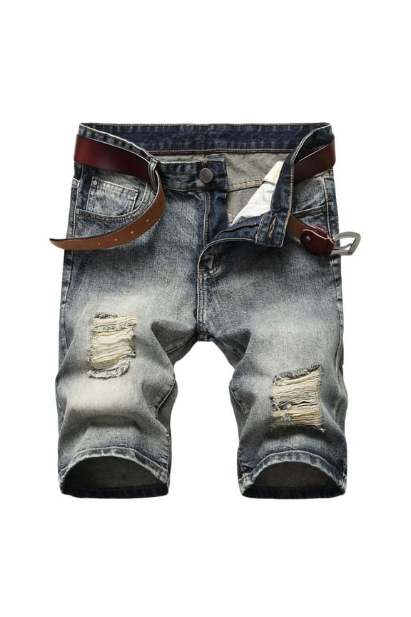 Jeans Shorts for Men High Waisted Ripped Trunks Stretchy Washed Cut-Off Vintage Denim Shorts Without Belt