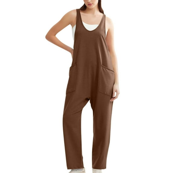 JIUKE Jumpsuits for Women Sleeveless Deep V Neck Loose Fitted Rompers Casual 1 Piece Long Pants Overalls with Pockets