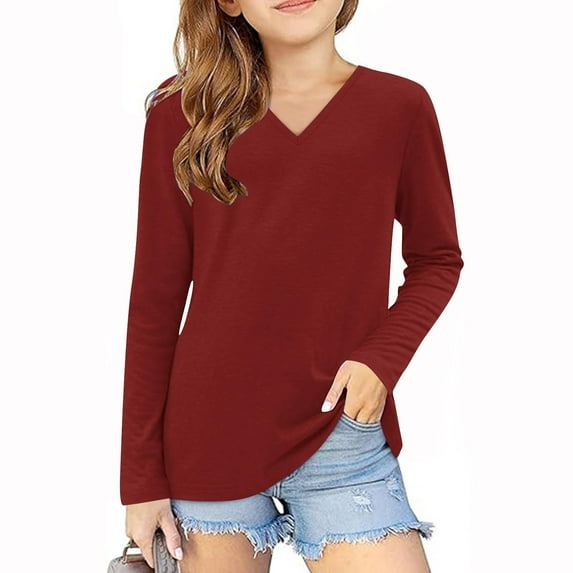JIUKE Long Sleeve Shirts for Girls Casual Summer V Neck Solid Color Tunic Tops Loose Comfy Plain Basic Tees