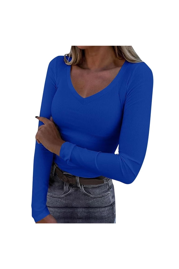 Long Sleeve Shirts for Women Ribbed Knit Going out Tops V Neck Seamless Solid Basic Tight T-Shirts