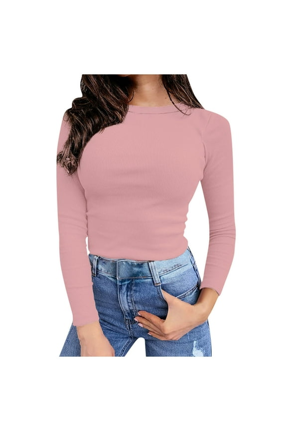 Long Sleeve Shirts for Women Ribbed Knit Soft Crew Neck Basic Tight Tops Solid Casual Going out Tees