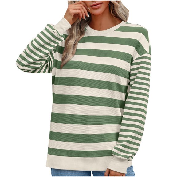 JIUKE Long Sleeve Shirts for Women Striped Crewneck Tee Tops Casual Loose Fitted Basic Blouses Size L