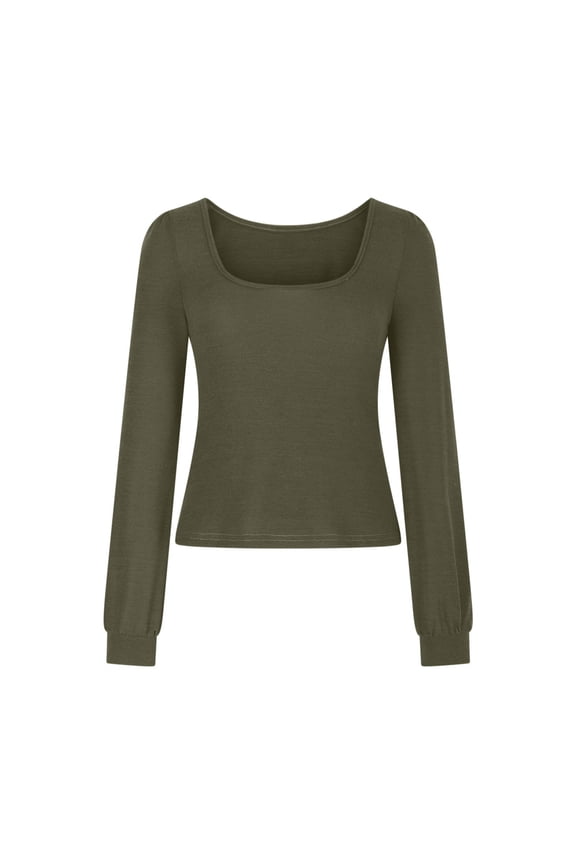 Long Sleeve Tops for Women Casual Slim Fitted Square Neck T Shirt Solid Fall Basic Tee Tops Size S