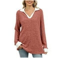 thumbnail image 1 of JIUKE Long Sleeve Tops for Women Ribbed Knit V Neck Collared Loose Fitted Casual Lightweight Fall Tees Red XL, 1 of 8