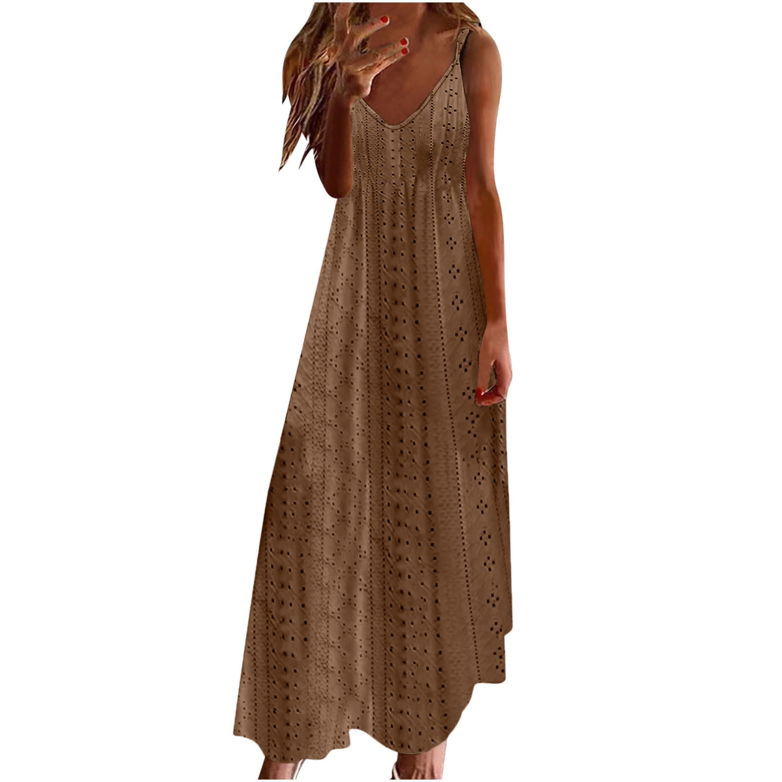 JIUKE Maxi Dresses for Women Spaghetti Strap Sleeve Eyelet Maxi Dress V  Neck Casual Flowy Boho Beach Long Dresses - Walmart.com