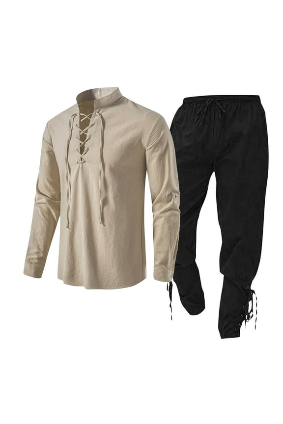 Men's 2 Piece Sets Casual Linen Cotton Retro Lace up Shirts Drawstring Cuff Ankle Length Pants