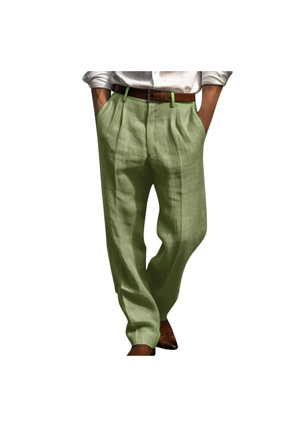 Mens Cotton Linen Pants Straight Leg Pleated Work Dress Pants Loose Casual Leisure Trousers