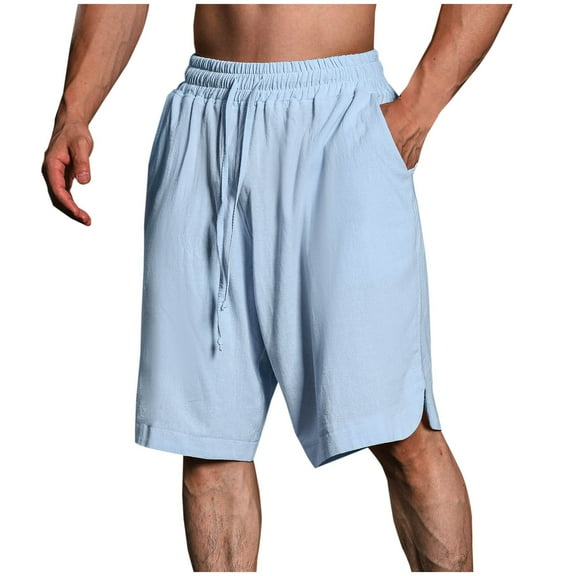 JIUKE Mens Cotton Linen Shorts Drawstring Knee Length Shorts Casual Lightweight Summer Vacation Beach Shorts