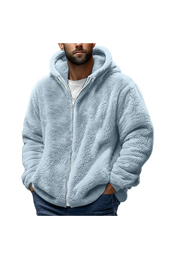 Mens Fuzzy Sherpa Jacket Fleece Long Sleeve Full-Zip Hooded Shirt Casual Warm Winter Jacket Coats